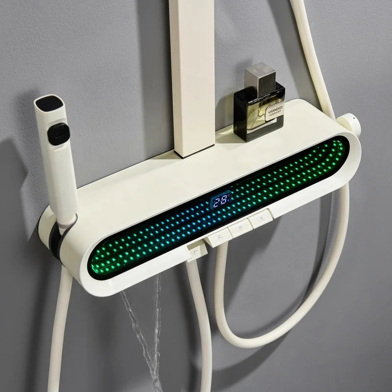 智慧熱銷家用白色淋浴柱瀑布式現代浴室恆溫淋浴噴頭鋼琴鍵數位淋浴套裝