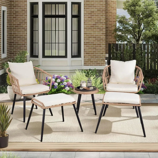 5件戶外藤編小型休閒餐桌椅套裝，全天候PE藤椅，附腳凳和咖啡桌