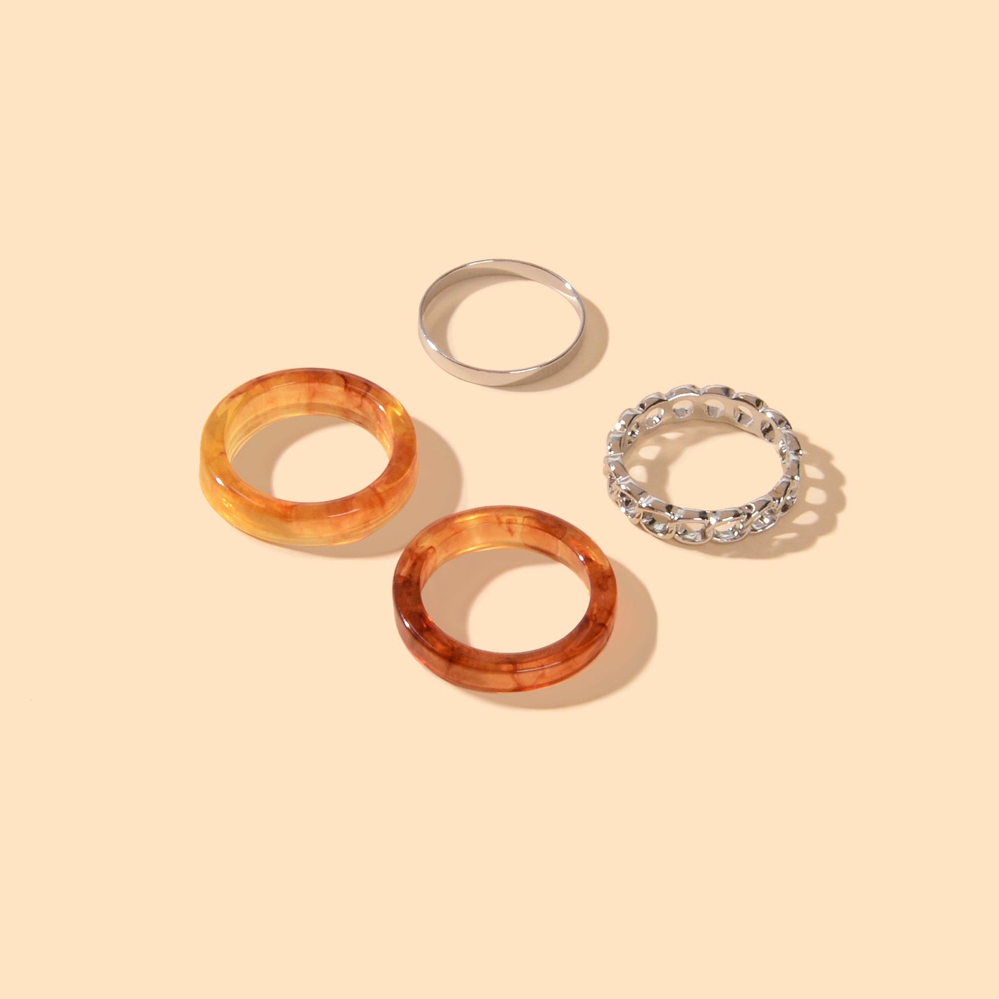 Unique 4 pcs Brown Resin Silver Metal Geometric Stackable Multiple Midi Ring Set