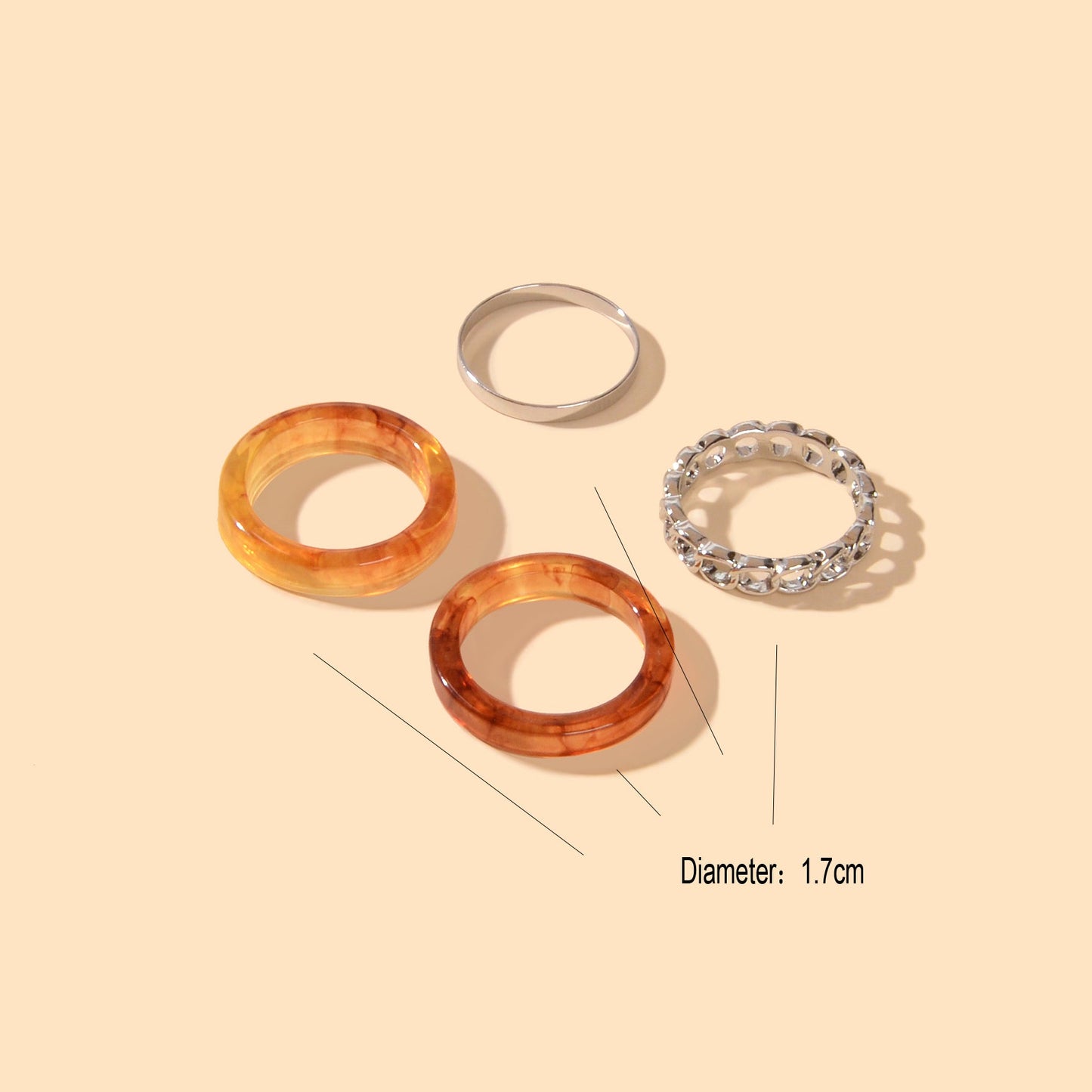 Unique 4 pcs Brown Resin Silver Metal Geometric Stackable Multiple Midi Ring Set