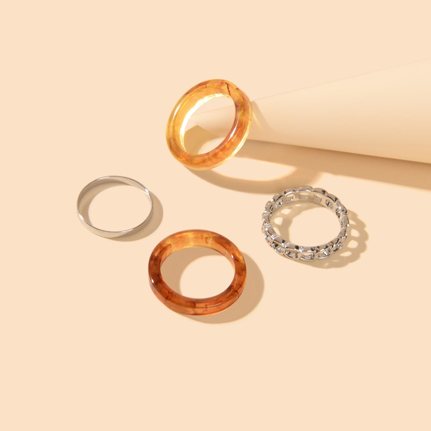 Unique 4 pcs Brown Resin Silver Metal Geometric Stackable Multiple Midi Ring Set