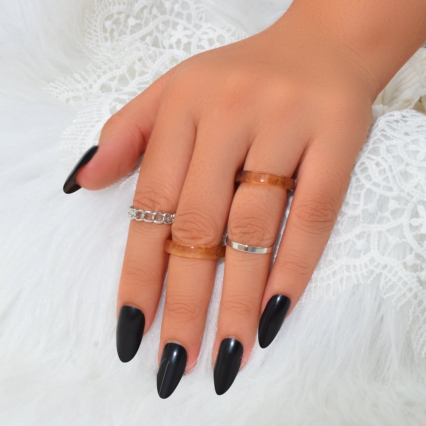 Unique 4 pcs Brown Resin Silver Metal Geometric Stackable Multiple Midi Ring Set