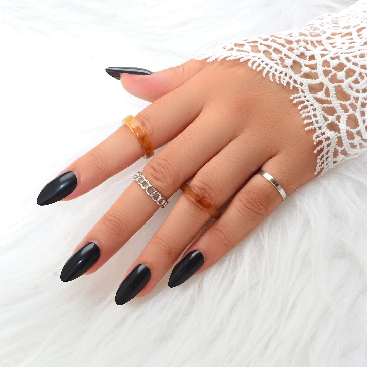 Unique 4 pcs Brown Resin Silver Metal Geometric Stackable Multiple Midi Ring Set