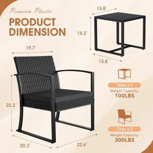 Homall樹脂三件式戶外庭院家具套裝，含坐墊、玻璃桌、藤椅，適合休閒放鬆。