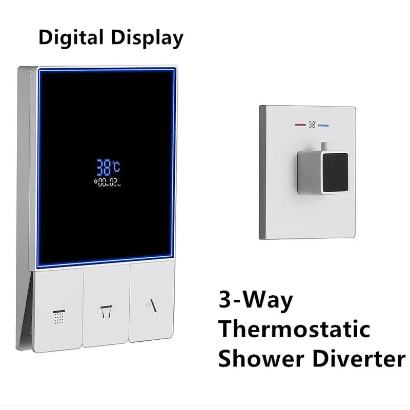 Smart Temperature Display 3 Function Thermostatic White Shower System Set with 16 Inch Large Bathroom Waterfall Rain Shower Head