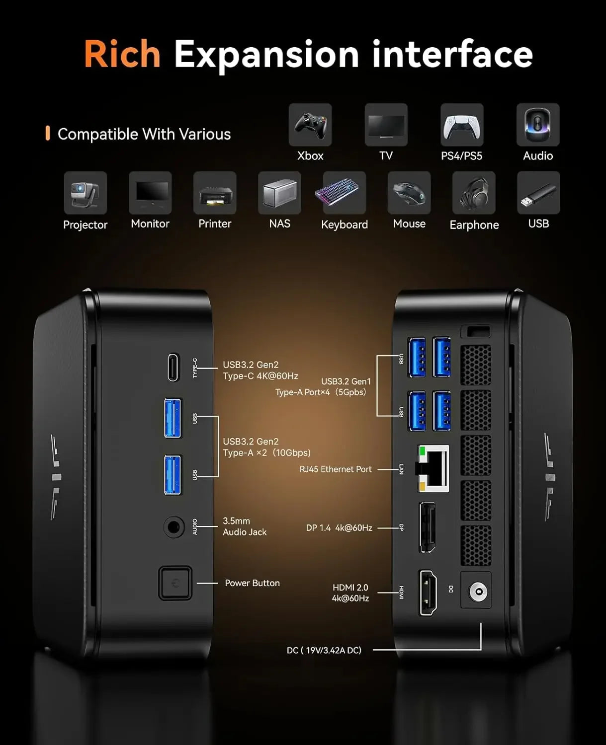 迷你電腦，搭載 AMD 7 PRO 5875U 處理器、16GB DDR4 記憶體和 512GB M.2 SSD 固態硬碟，迷你遊戲電腦，配備 USB Type-C 接口，支援桌上型電腦功能