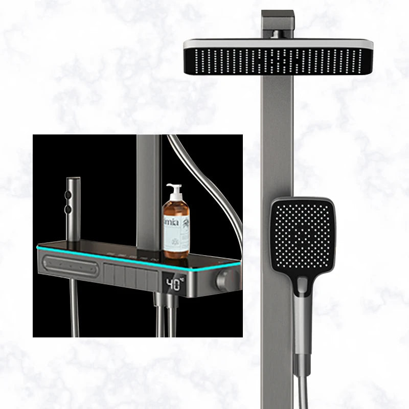 浴室多功能數位顯示淋浴系統，黃銅鋼琴鍵式外露恆溫水龍頭，柔和/雨淋式噴淋模式