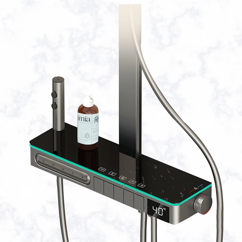 浴室多功能數位顯示淋浴系統，黃銅鋼琴鍵式外露恆溫水龍頭，柔和/雨淋式噴淋模式