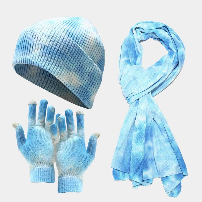 Tie-dye Knitted Hat Gloves Scarf Set Ladies