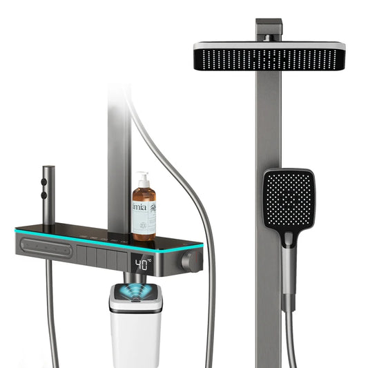 浴室多功能數位顯示淋浴系統，黃銅鋼琴鍵式外露恆溫水龍頭，柔和/雨淋式噴淋模式