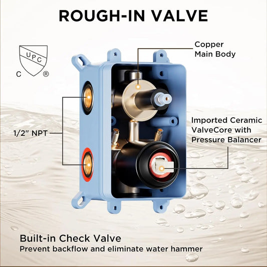 現代淋浴系統，4個體位噴淋噴嘴，四向雨淋式出水，12吋+6吋雙淋浴噴頭，黃銅混水閥，壁掛式恆溫水龍頭套裝