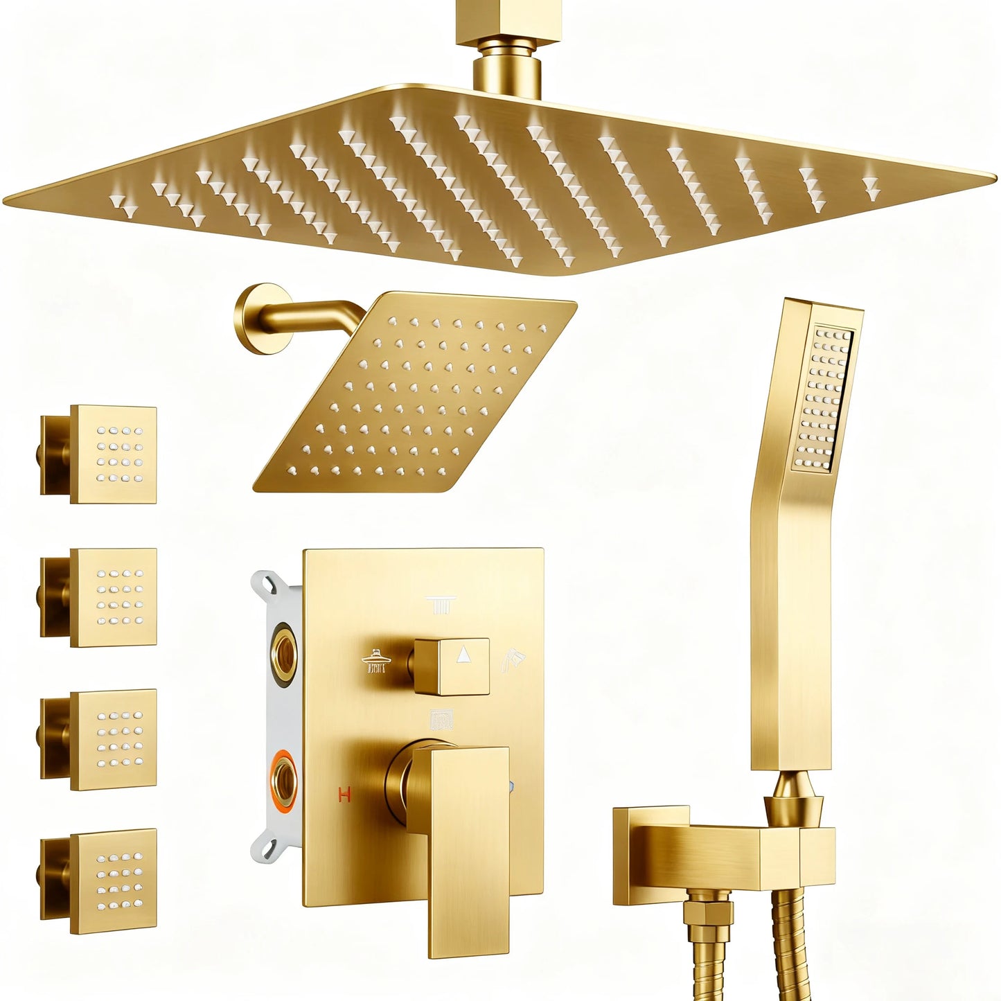 現代淋浴系統，4個體位噴淋噴嘴，四向雨淋式出水，12吋+6吋雙淋浴噴頭，黃銅混水閥，壁掛式恆溫水龍頭套裝