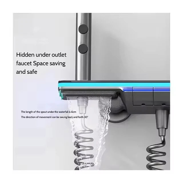 智慧型LED數位螢幕四功能黃銅淋浴組拋光方形花灑陶瓷雨淋腰背SPA公寓