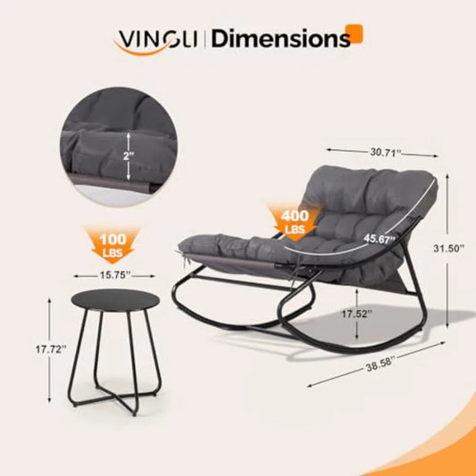 VINGLI 搖椅套裝（2把），附邊桌，承重400磅，附軟墊，室內外通用，灰色