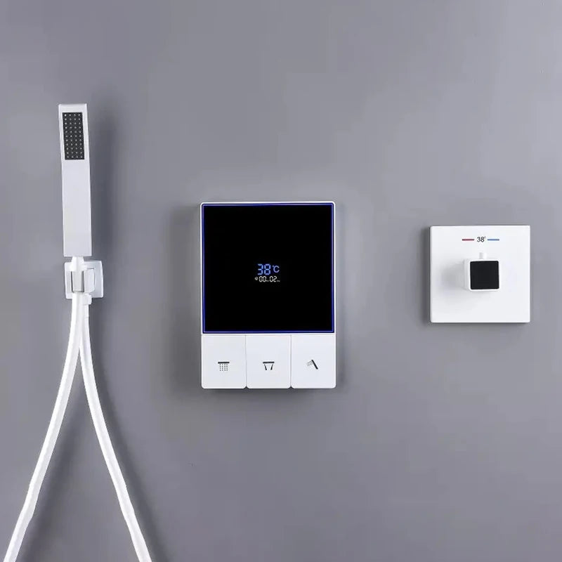 Smart Temperature Display 3 Function Thermostatic White Shower System Set with 16 Inch Large Bathroom Waterfall Rain Shower Head