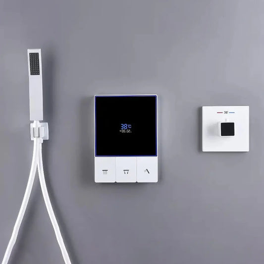 Smart Temperature Display 3 Function Thermostatic White Shower System Set with 16 Inch Large Bathroom Waterfall Rain Shower Head