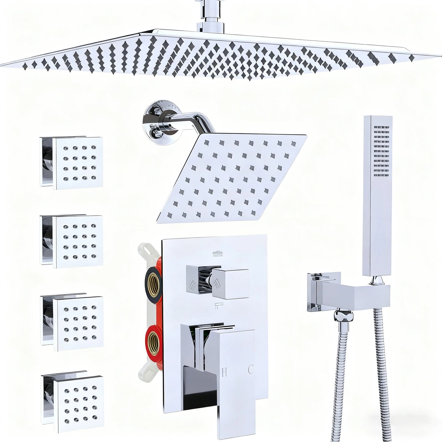 現代淋浴系統，4個體位噴淋噴嘴，四向雨淋式出水，12吋+6吋雙淋浴噴頭，黃銅混水閥，壁掛式恆溫水龍頭套裝