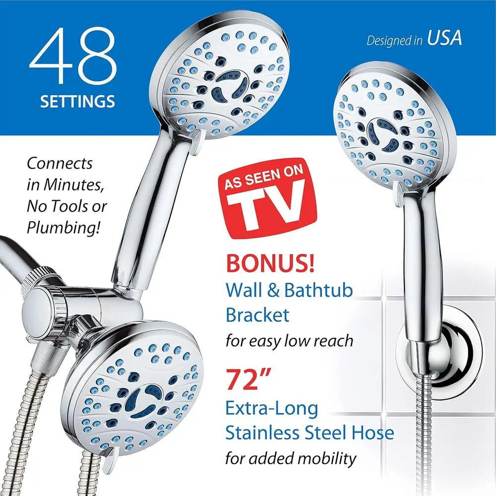 AquaCare 電視熱銷高品質 48 檔位雨淋式和手持式三向淋浴組合 - 防堵塞噴嘴/浴缸、瓷磚和寵物強力清洗/E 