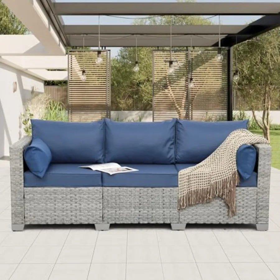 Outdoor Couch 3 Seater Wicker Patio Sofa Grey Rattan Deep Seat Balcony Furniture Porch Seating with Navy Blue Cushion