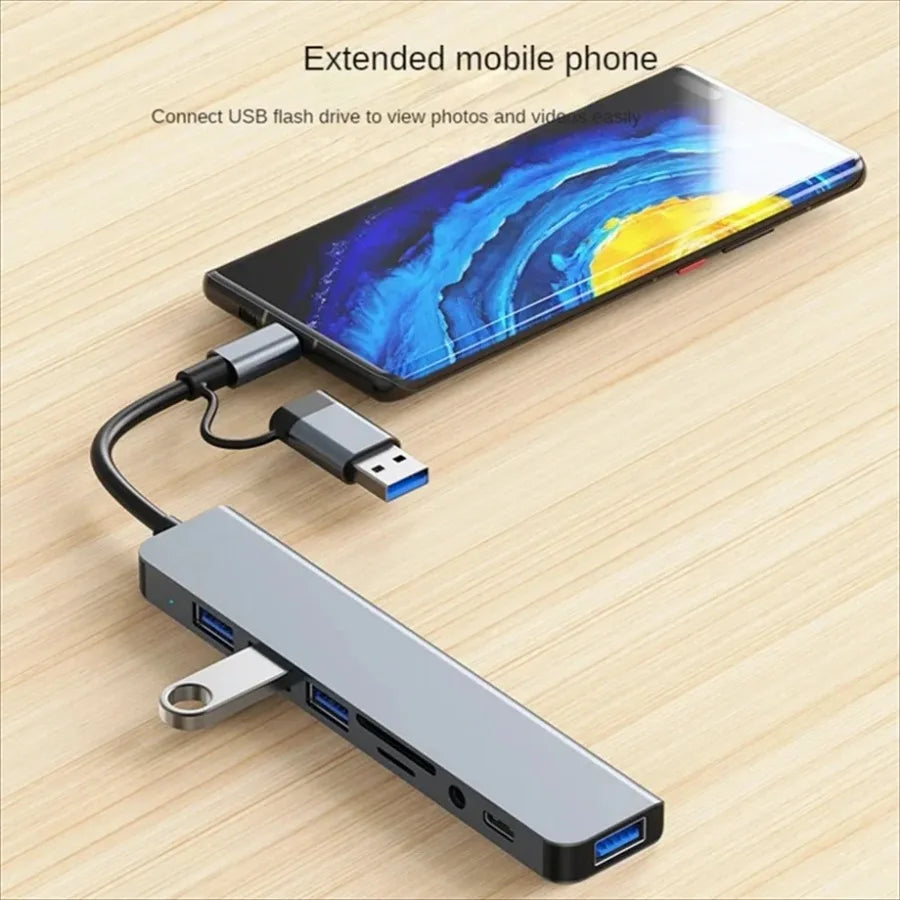 NEW 8 in 2 USB +Type C HUB Docking Station with 3.5mm Audio Jack Adapter Micro SD Card Reader Laptop Tablet Phone Disk Converter