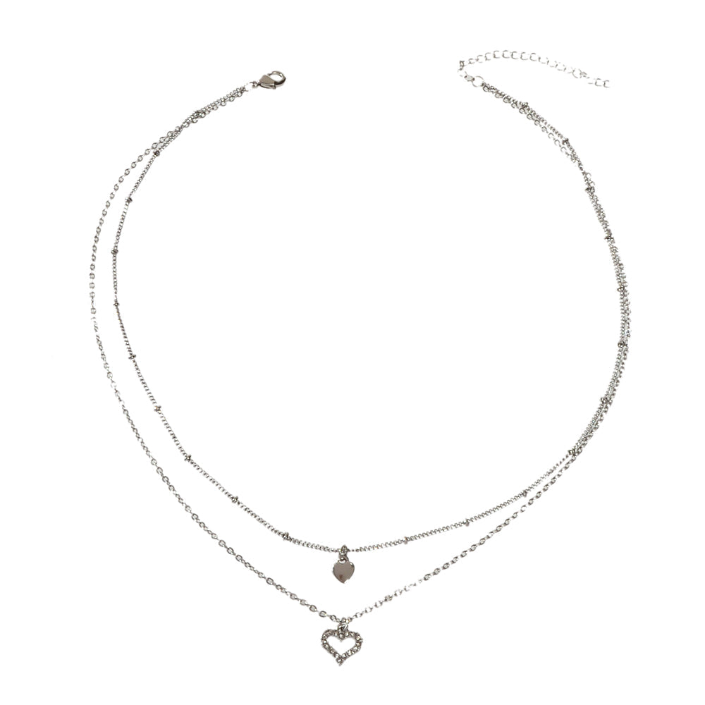 Trendy Jewelry Silver Double layer Chain Rhinestone Heart Pendant Women Necklace