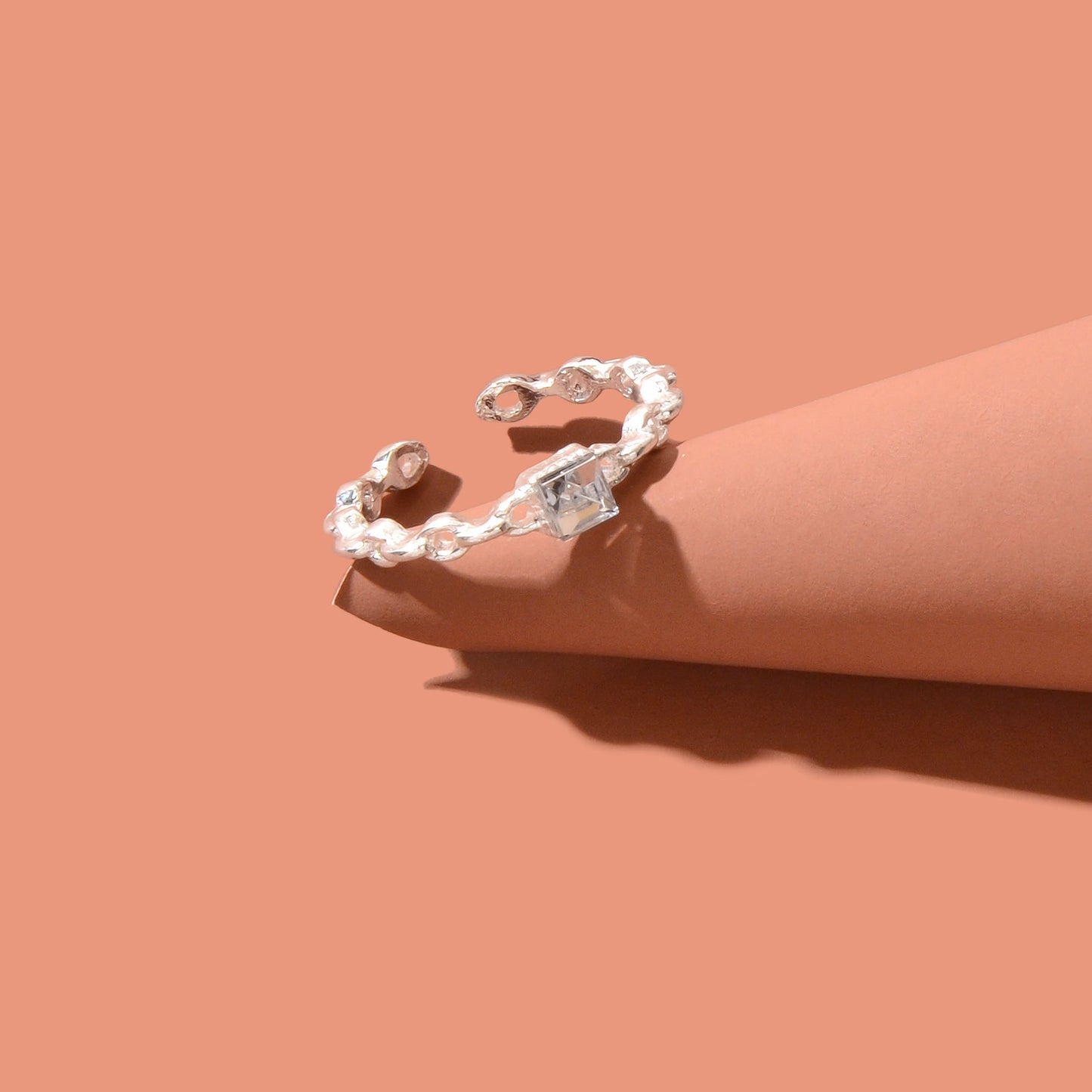 Exquisite Rhinestone Decor Silvery Chain Design Open Cuff Ring Women Party Prom Jewelry