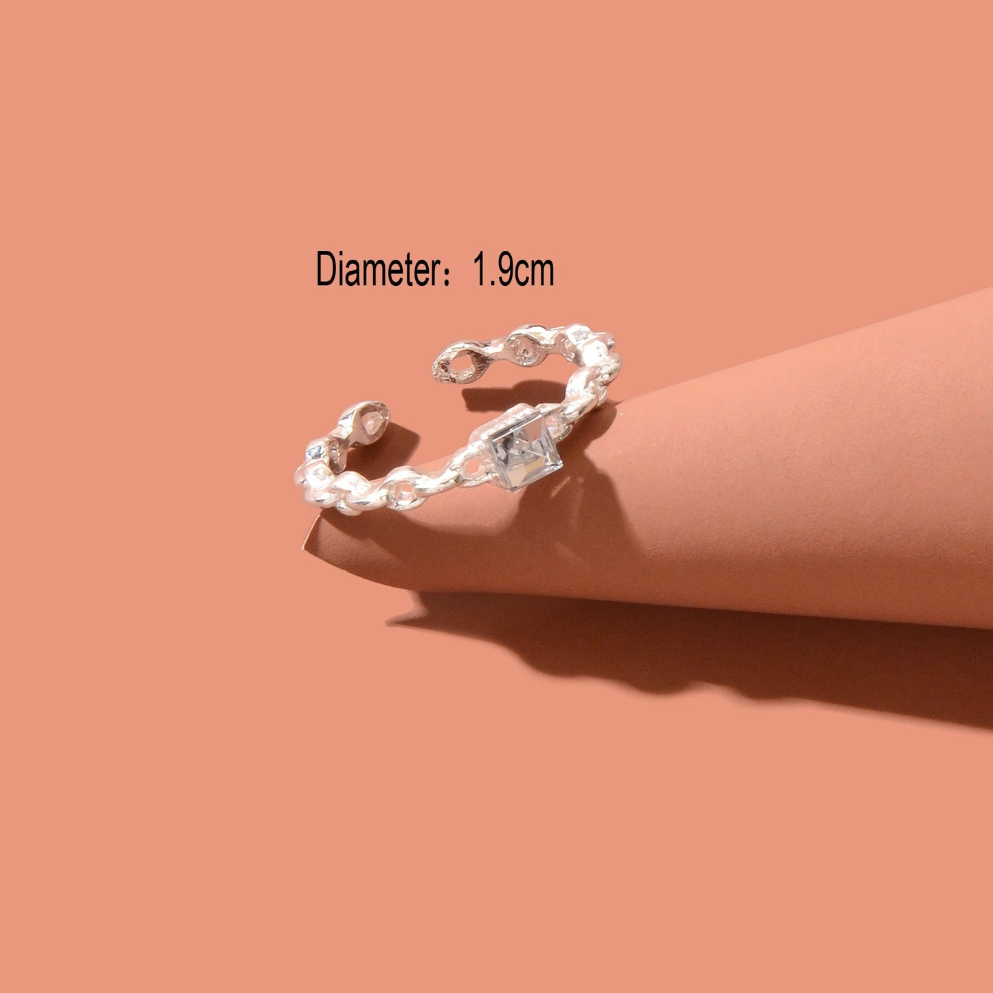 Exquisite Rhinestone Decor Silvery Chain Design Open Cuff Ring Women Party Prom Jewelry