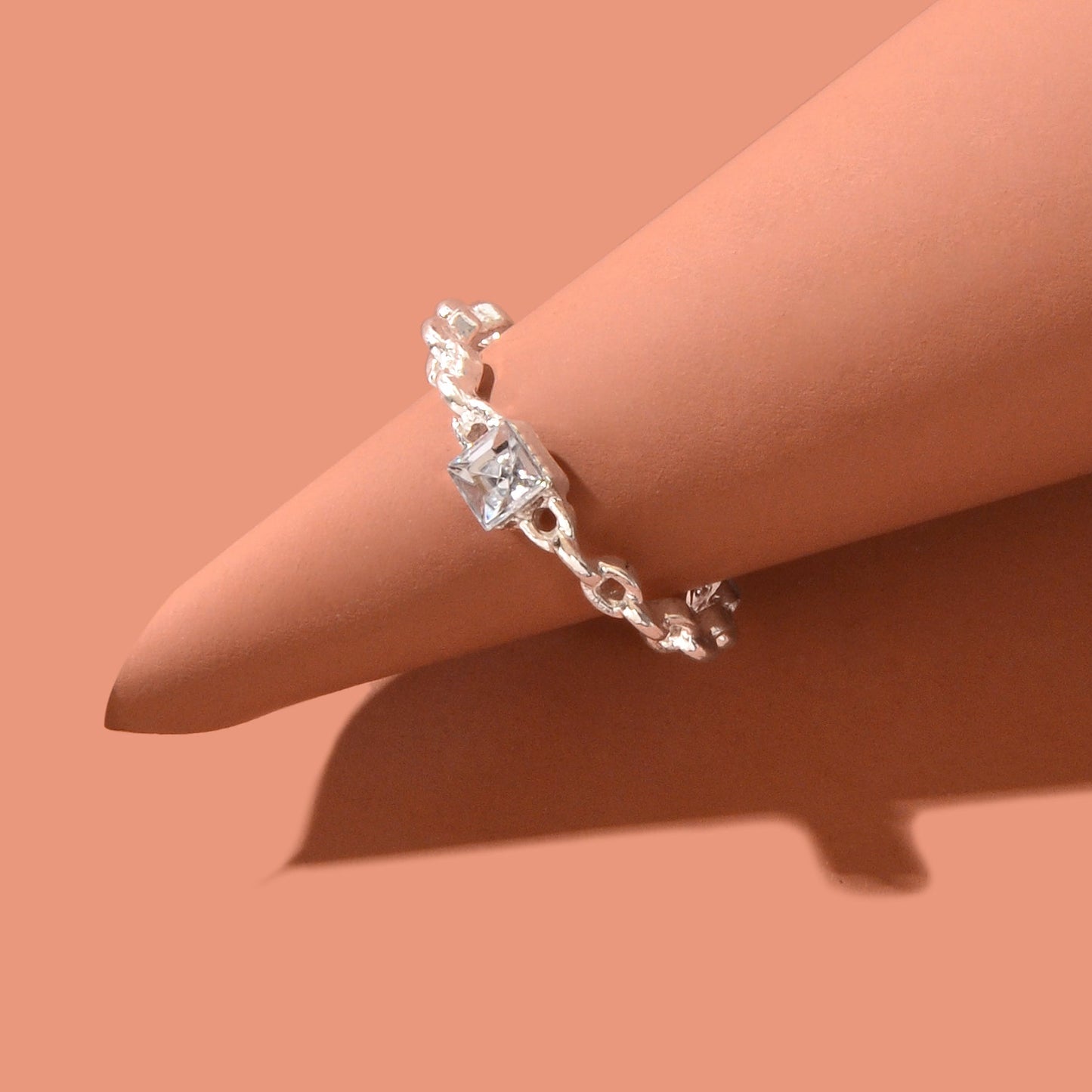 Exquisite Rhinestone Decor Silvery Chain Design Open Cuff Ring Women Party Prom Jewelry