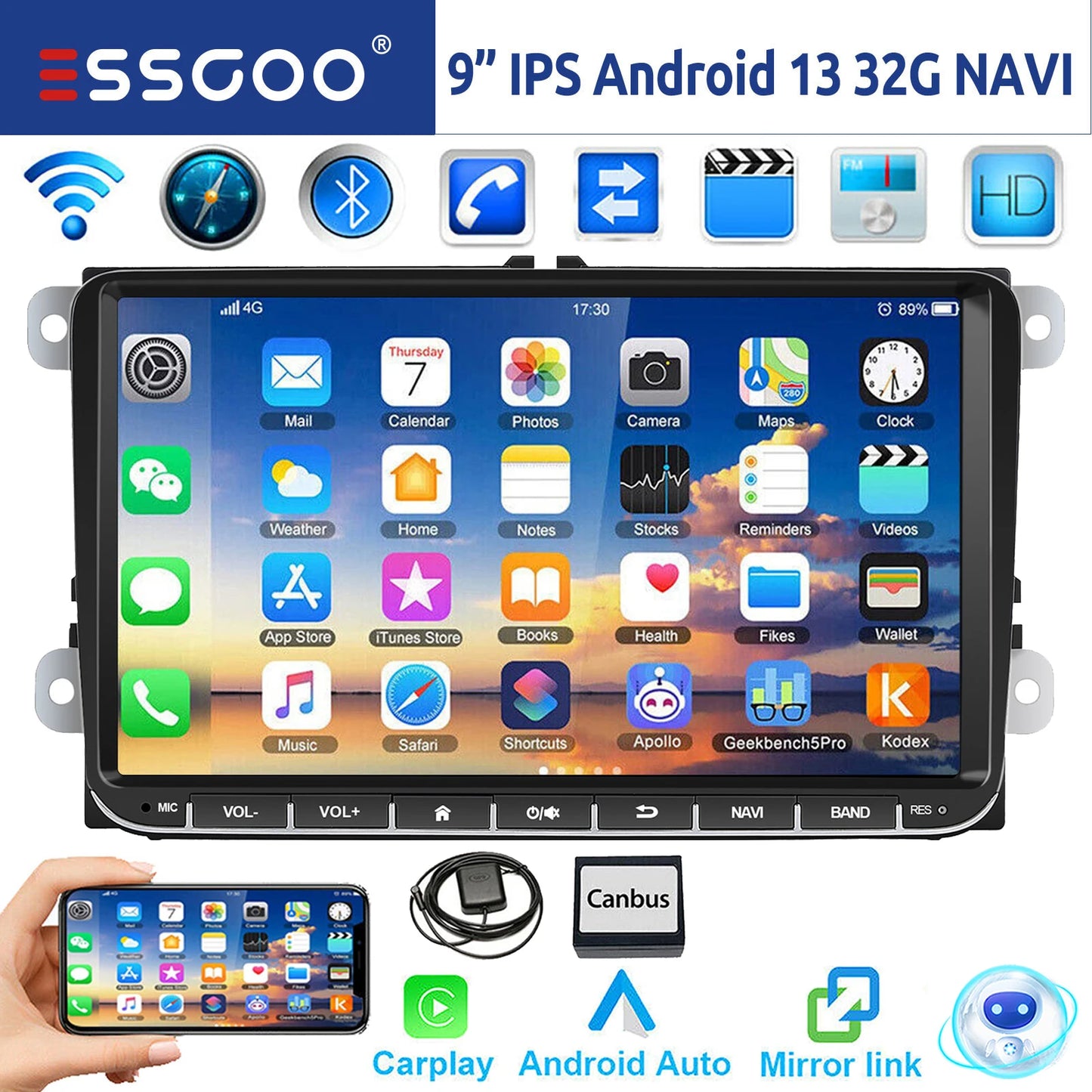 9" Android 14 4G+64G Wireless Carplay Car Stereo GPS NAVI WIFI RDS FM BT EQ for VW Golf 5 6 Passat Polo Touran Tiguan Caddy EOS