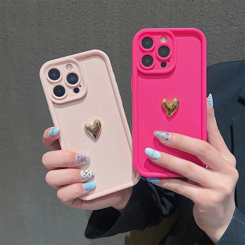 3D Gold Heart Silicone Soft Phone Case For iPhone 15 14 13 12 11 16 17 Pro Max XS XR 7 8 Plus SE Shockproof Candy Matte Cover