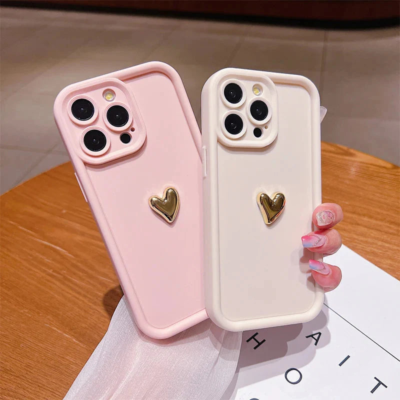 3D Gold Heart Silicone Soft Phone Case For iPhone 15 14 13 12 11 16 17 Pro Max XS XR 7 8 Plus SE Shockproof Candy Matte Cover