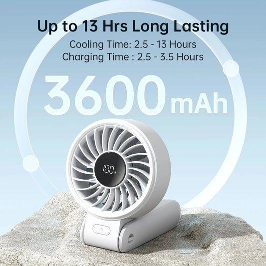 JISULIFE Portable Handheld Fan with LED Display,5 Speeds,5000mAh,150°Folded,3-IN-1 Hand/Desk/Neck Multifunction Personal Fan