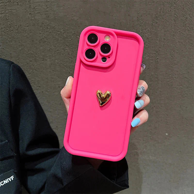 3D Gold Heart Silicone Soft Phone Case For iPhone 15 14 13 12 11 16 17 Pro Max XS XR 7 8 Plus SE Shockproof Candy Matte Cover