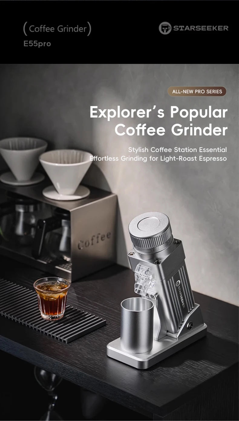 STARSEEKER E55Pro Electric Coffee Grinder 55MM Titanium Cone Burr Stepless Adjustment Espresso Brew Coffee Bean Grinder Black