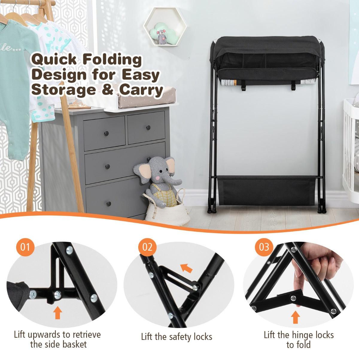 NNECW Folding Baby Change Table with Storage Basket &amp Shelf for Infant &amp Toddler-Black