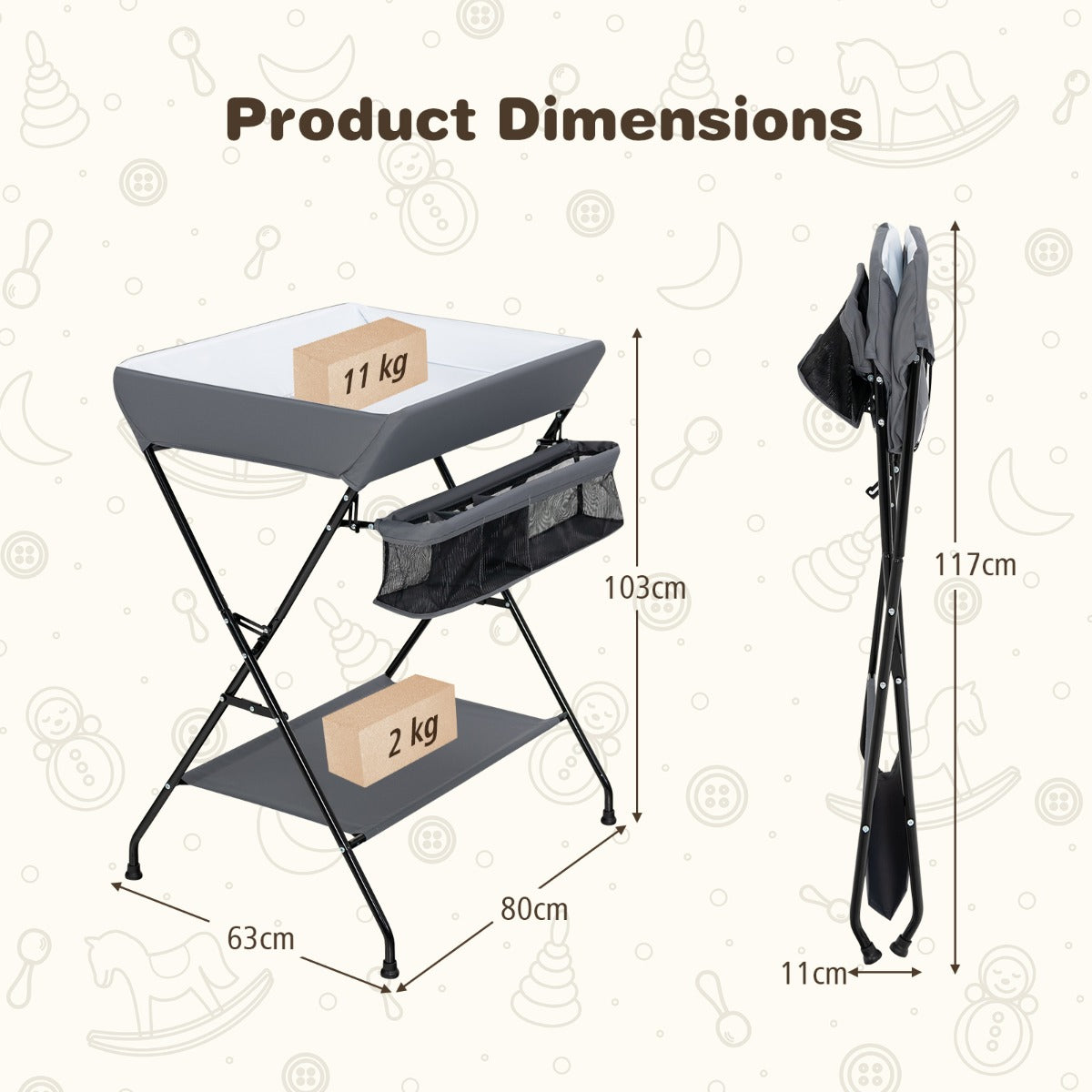 NNECW Folding Baby Change Table with Storage Basket &amp Shelf for Infant &amp Toddler-Grey