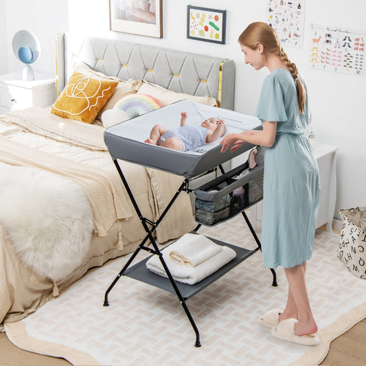 NNECW Folding Baby Change Table with Storage Basket &amp Shelf for Infant &amp Toddler-Grey