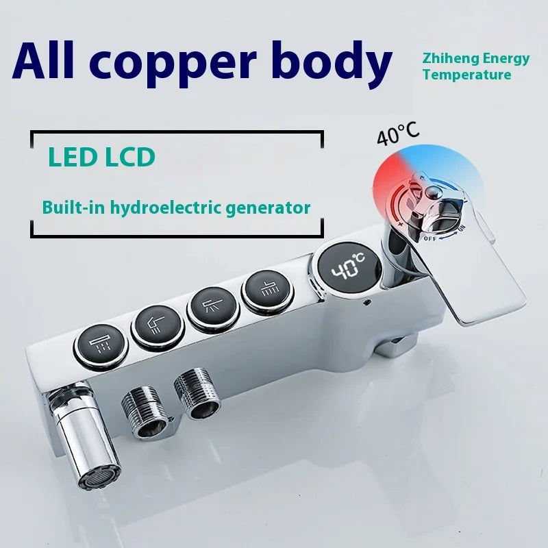 豪華銀色LED數字顯示黃銅淋浴套裝，4把水龍頭，混合龍頭，恆溫淋浴混合龍頭