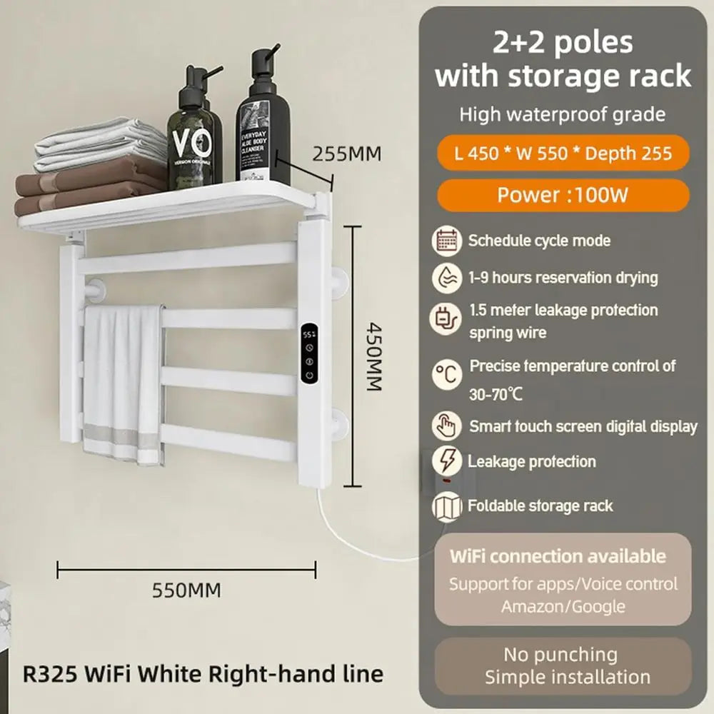 智慧電熱毛架，家用加熱毛巾桿晾乾架，附可折疊收納架，定時、溫度調節， 