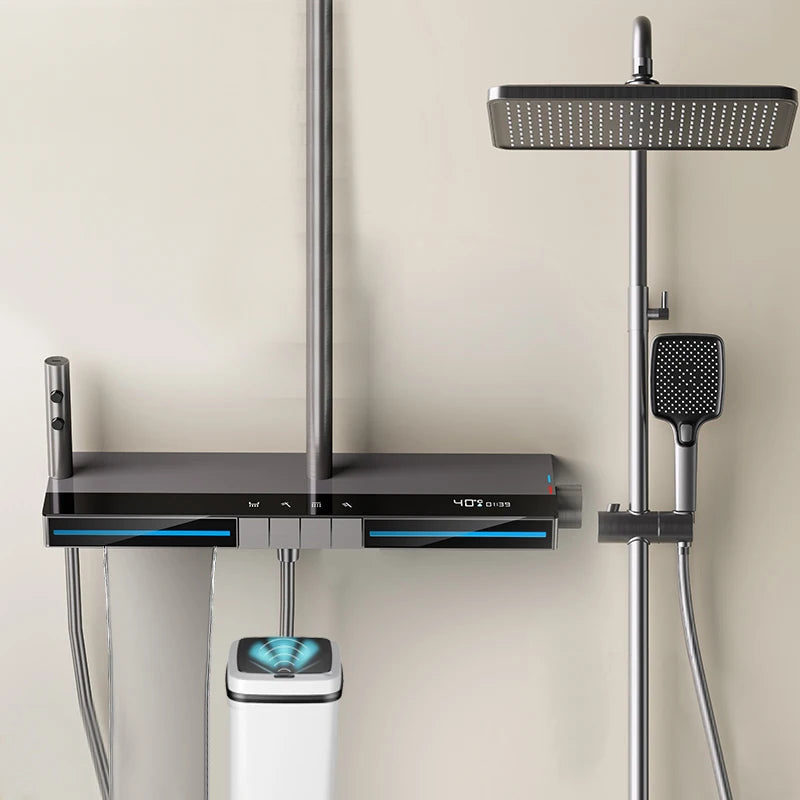 浴室多功能數位顯示淋浴系統，黃銅鋼琴鍵式外露恆溫水龍頭，柔和/雨淋式噴淋模式