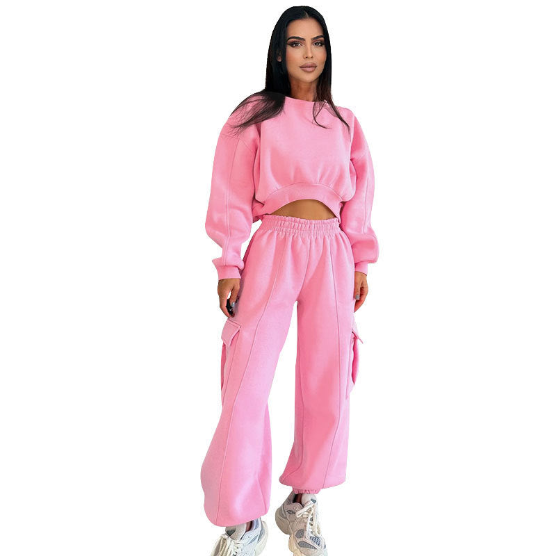European And American Autumn New Round Neck High Waist Sweater Pocket Loose Sweatpants Suit