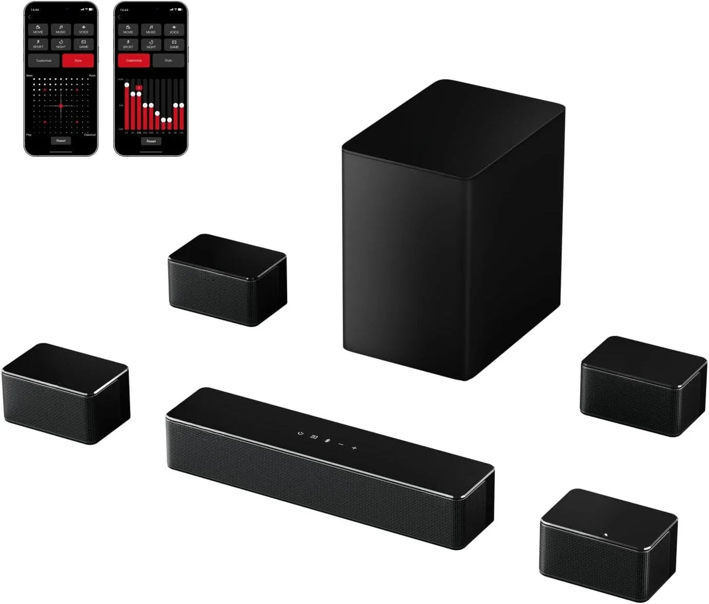 5.1聲道環繞立體聲條形音箱，支援杜比音效、電視條形音箱、無線重低音揚聲器和後置揚聲器、杜比數位+、藍牙5.3 