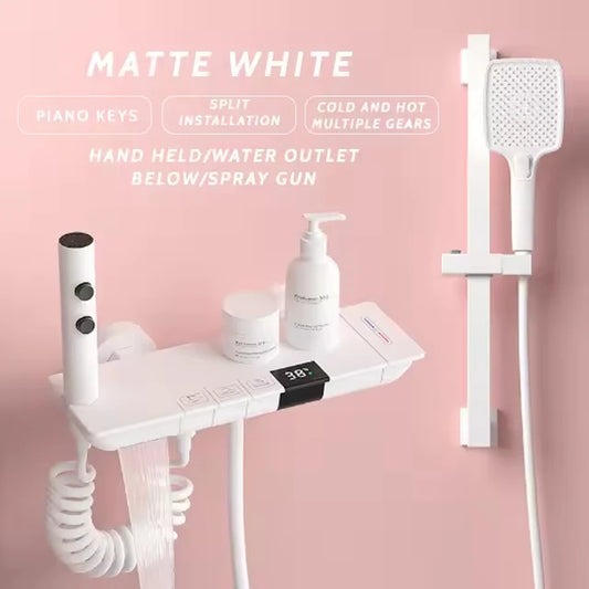 智慧型LED數位螢幕四功能黃銅淋浴組拋光方形花灑陶瓷雨淋腰背SPA公寓