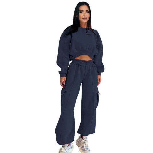 European And American Autumn New Round Neck High Waist Sweater Pocket Loose Sweatpants Suit
