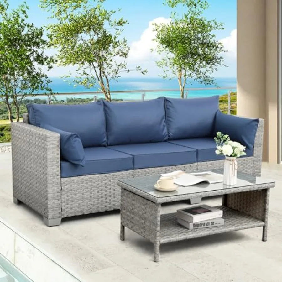 Outdoor Couch 3 Seater Wicker Patio Sofa Grey Rattan Deep Seat Balcony Furniture Porch Seating with Navy Blue Cushion