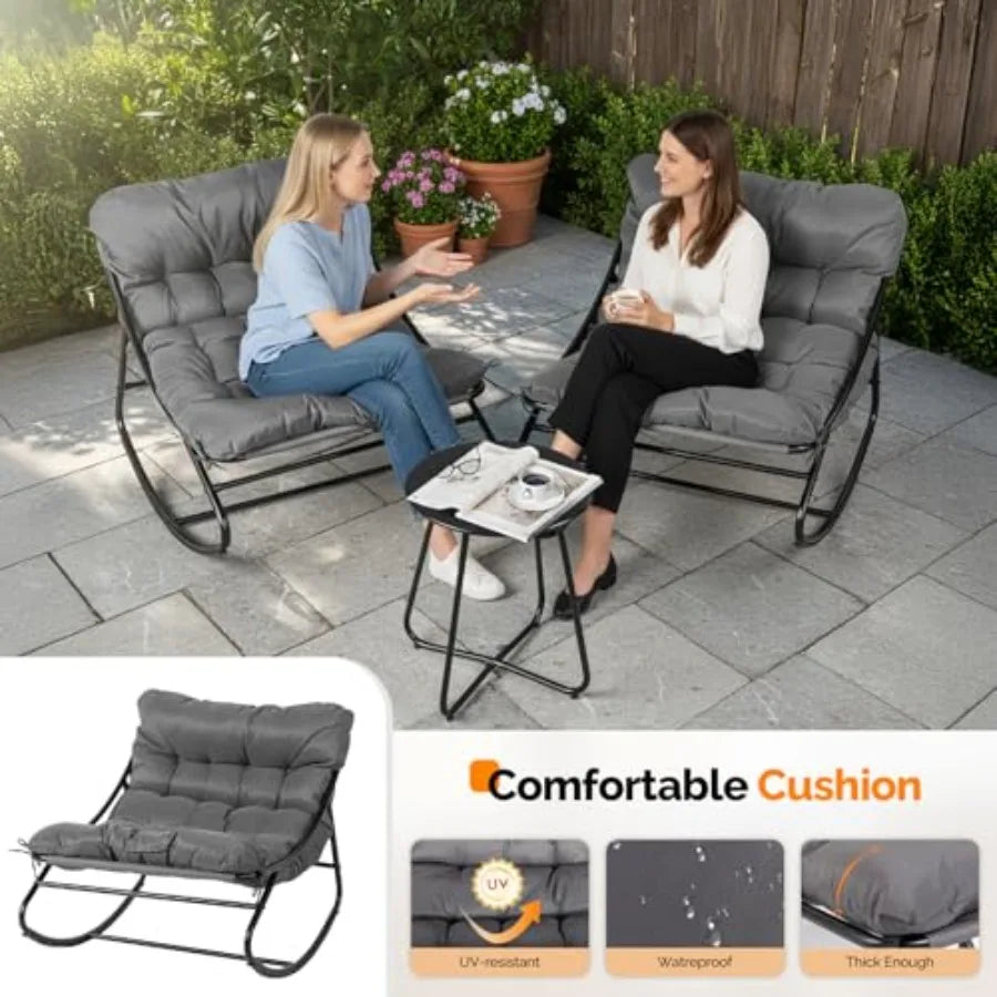 VINGLI 搖椅套裝（2把），附邊桌，承重400磅，附軟墊，室內外通用，灰色