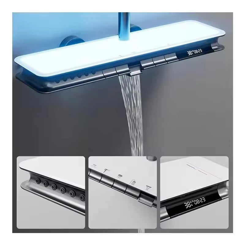 智慧型LED數位螢幕四功能黃銅淋浴組拋光方形花灑陶瓷雨淋腰背SPA公寓