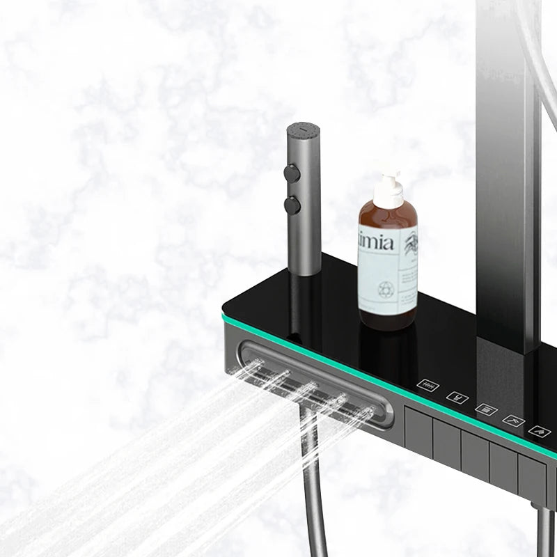 浴室多功能數位顯示淋浴系統，黃銅鋼琴鍵式外露恆溫水龍頭，柔和/雨淋式噴淋模式