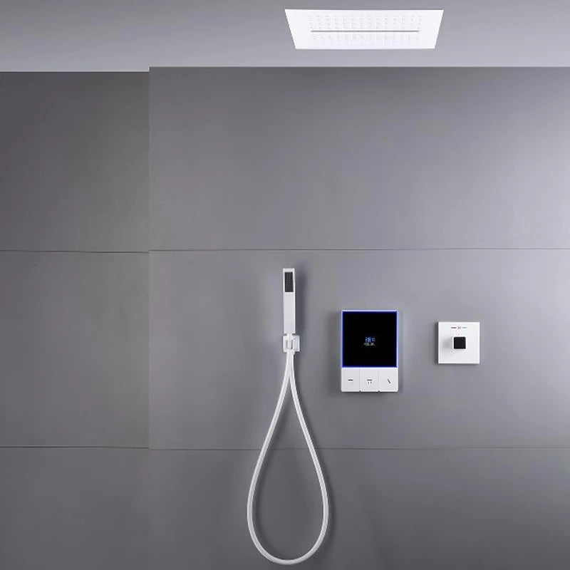 Smart Temperature Display 3 Function Thermostatic White Shower System Set with 16 Inch Large Bathroom Waterfall Rain Shower Head