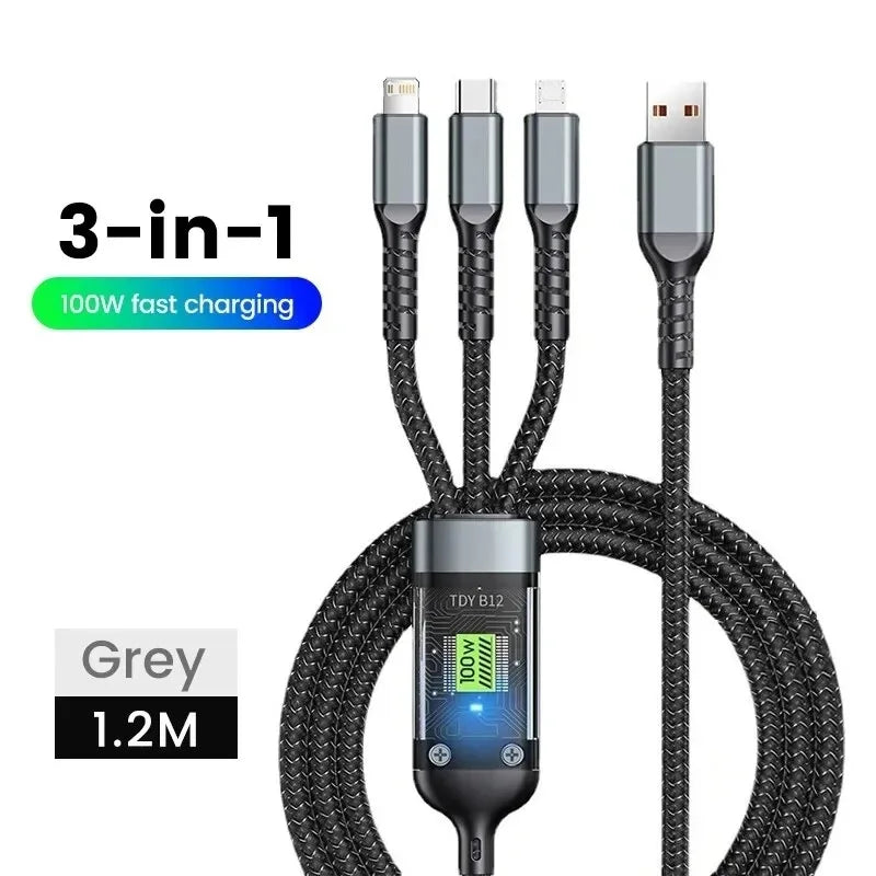 100W 3 In 1 Super Fast Charge Cable Transparent Luminous Super Fast Charge Type C USB Cable Multi Extension For Android